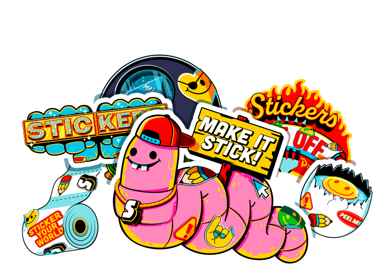 Autocolantes recortados personalizados coloridos, incluindo uma minhoca cor-de-rosa a segurar uma placa "Make it stick!"